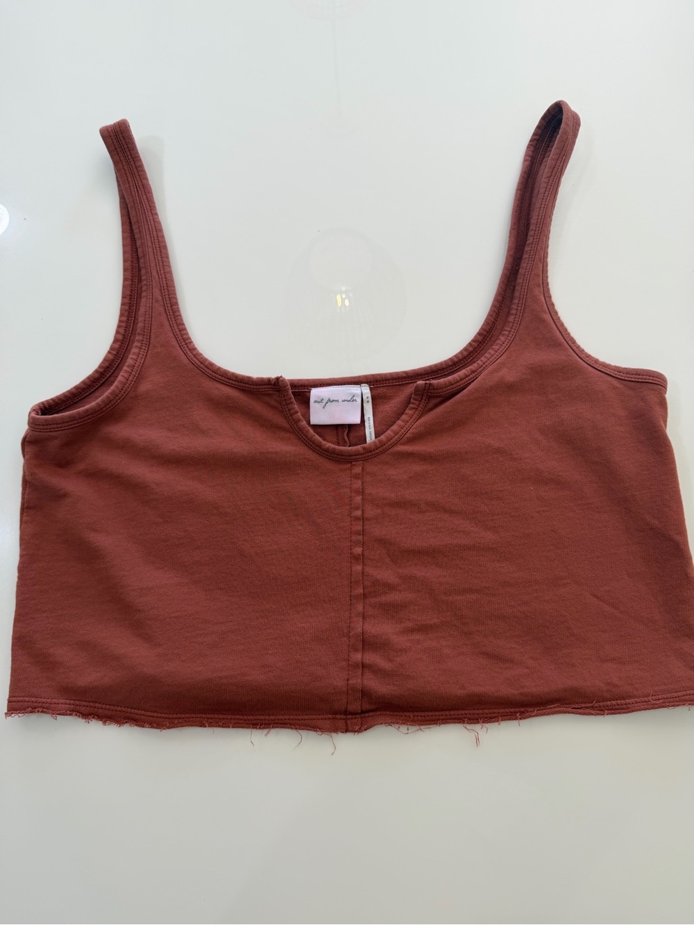 Out From Under Cropped Tank Top Size Medium Rust Brown Raw Hem Ribbed Scoop Neck